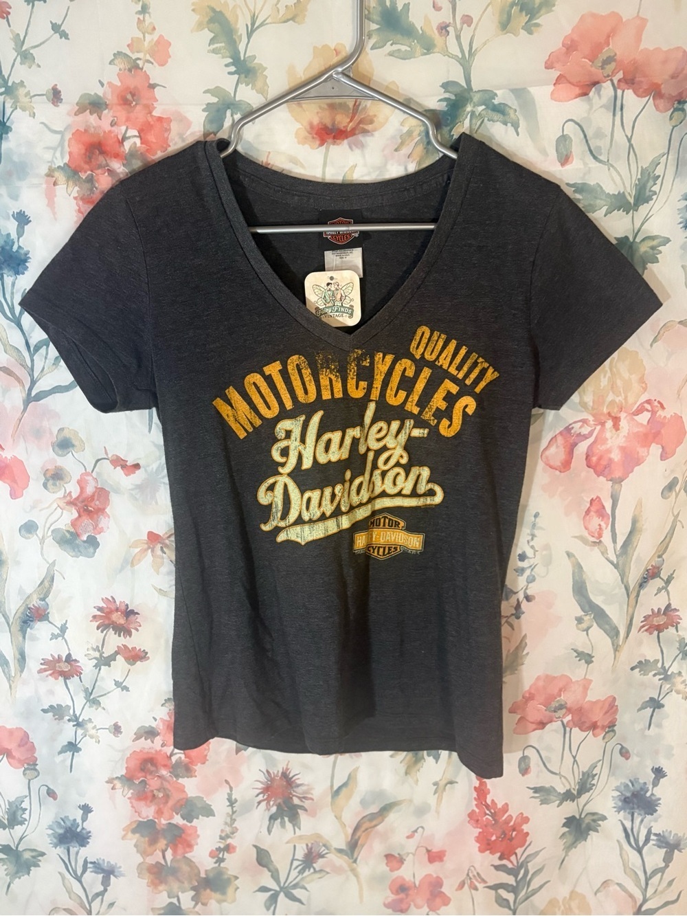Vintage Harley-Davidson Womens Motorcycle Graphic Tee - Charcoal with Gold Print